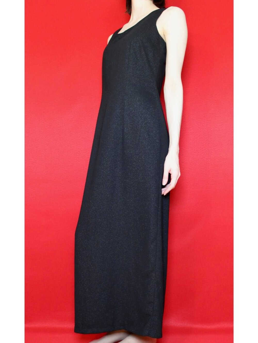 Vintage 90s Black Silver Sparkly Sleeveless Fitted Maxi Dress Back Slit, Size 7